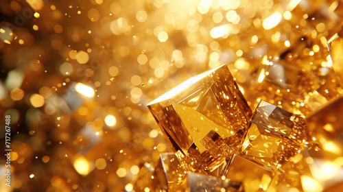 Abstract 3D gold crystal background with glass cubes and captivating light reflections.