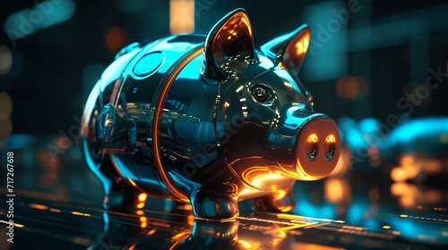 Digital illustration of a futuristic piggy bank with a holographic glow generative ai