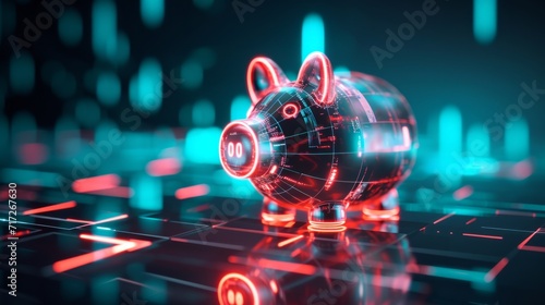 Digital illustration of a futuristic piggy bank with a holographic glow generative ai photo