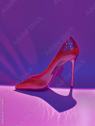 A red glitter high heel stiletto rests atop a pink surface