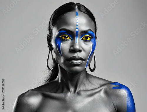 Artistic Emotional Portrait of Vulnerable Indigenous Australian Woman in Monochrome with Selective Sapphire Blue and Electric Yellow Color Pops Gen AI photo