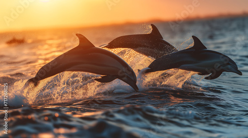 A pod of dolphins gracefully leaping and playing in the ocean waves during the sunset. Wildlife day