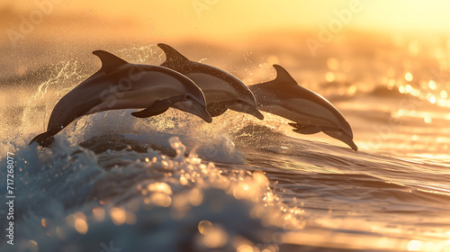 A pod of dolphins gracefully leaping and playing in the ocean waves during the sunset. Wildlife day