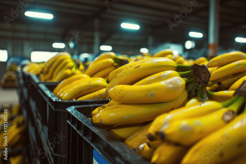 Ready-to ship bananas stored in a cold warehouse. Photo footage for advertising banana products. Smoothie, puree, vinegar production in a tropical fruit factory.