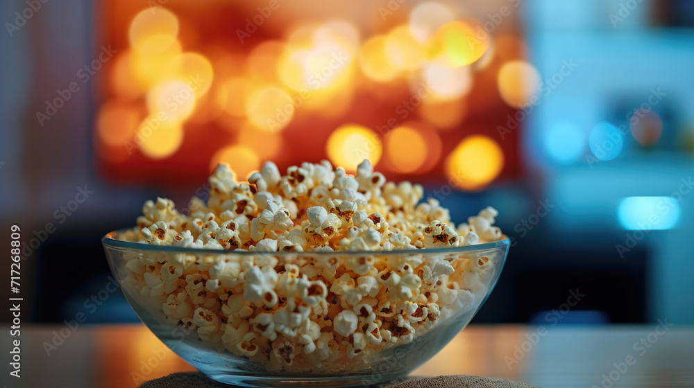 Popcorn in a glass bowl, ready to watch tv,blurred background Popcorn in a glass bowl, ready to watch tv,blurred background