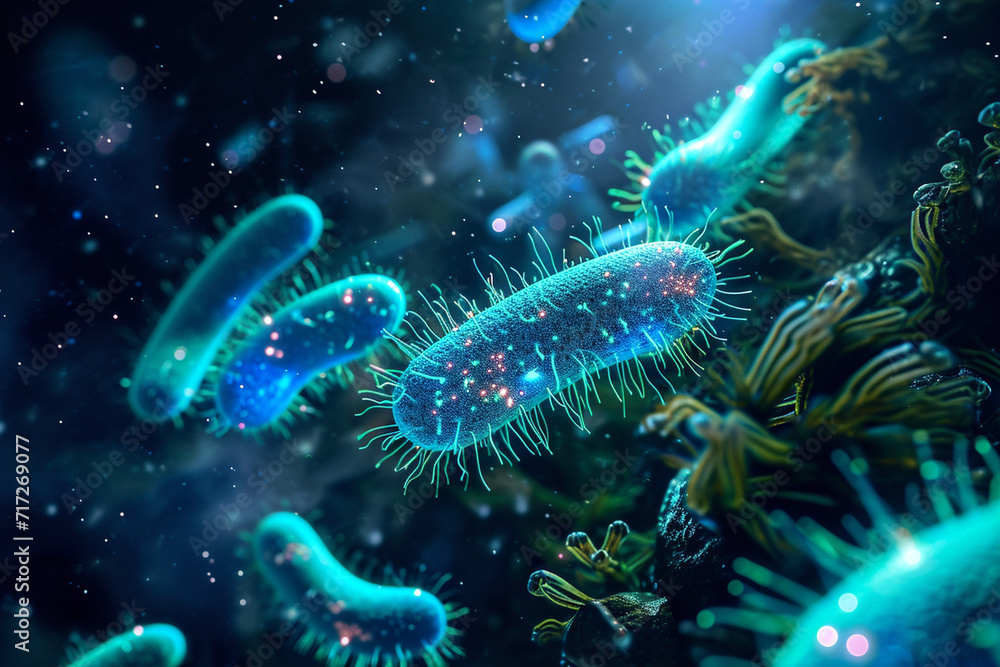 An illustration of glowing bioluminescent bacteria An illustration of glowing bioluminescent bacteria