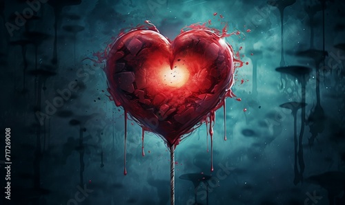 Red heart with blood splattered on the wall. 3d rendering