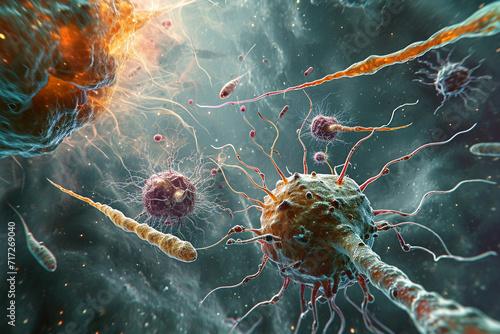 An illustration of bacteria being attacked by phages photo