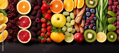 Fruits and berries background. Top view with space for your text