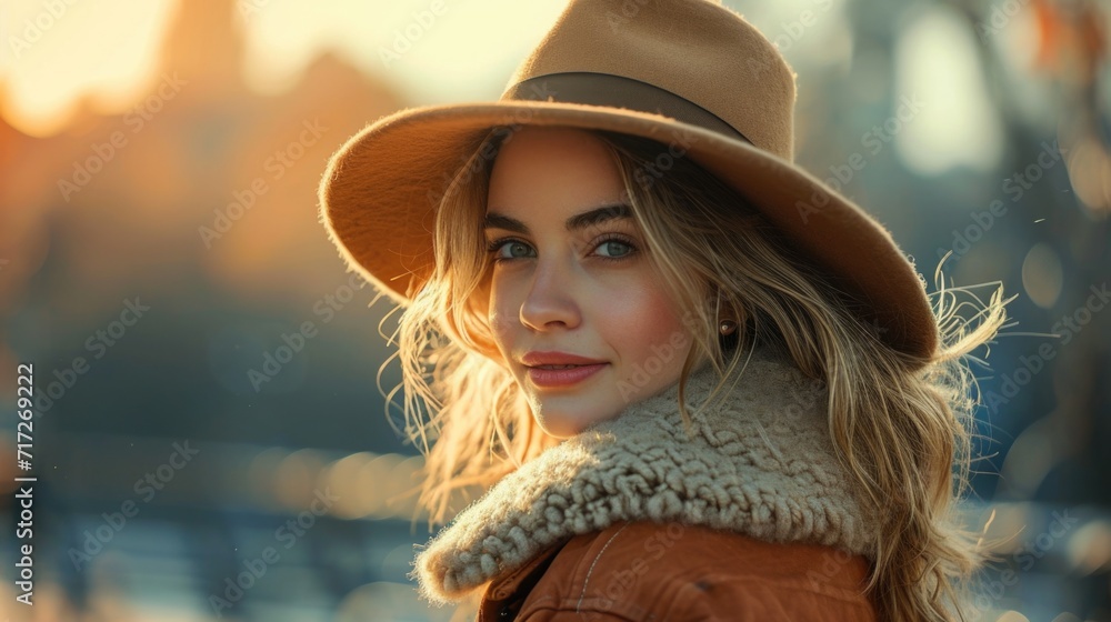 Autumn Urban Chic: Stylish Woman in Soft Hat, Textured Jacket, Introspective Gaze, Warm Sunlight, Golden Glow, Natural Makeup, Nostalgic Cityscape Autumn Urban Chic: Stylish Woman in Soft Hat, Textured Jacket, Introspective Gaze, Warm Sunlight, Golden Glow, Natural Makeup, Nostalgic Cityscape