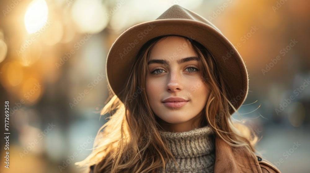 Autumn Urban Chic: Stylish Woman in Soft Hat, Textured Jacket, Introspective Gaze, Warm Sunlight, Golden Glow, Natural Makeup, Nostalgic Cityscape Autumn Urban Chic: Stylish Woman in Soft Hat, Textured Jacket, Introspective Gaze, Warm Sunlight, Golden Glow, Natural Makeup, Nostalgic Cityscape