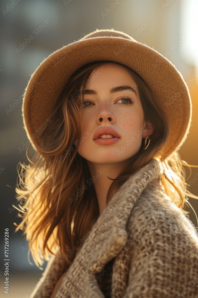 Autumn Urban Chic: Stylish Woman in Soft Hat, Textured Jacket, Introspective Gaze, Warm Sunlight, Golden Glow, Natural Makeup, Nostalgic Cityscape