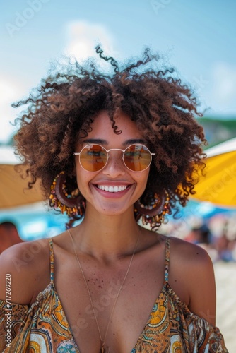 Beach Radiance: Radiant Woman on Sunny Beach, Natural Curls, Flowing Dress, Free Spirit, Round Sunglasses, Warm Smile, Bustling Beach Background © Ivy