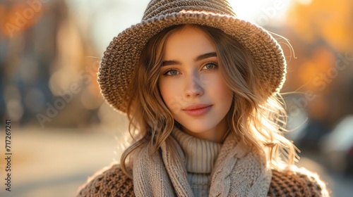 Autumn Urban Chic: Stylish Woman in Soft Hat, Textured Jacket, Introspective Gaze, Warm Sunlight, Golden Glow, Natural Makeup, Nostalgic Cityscape
