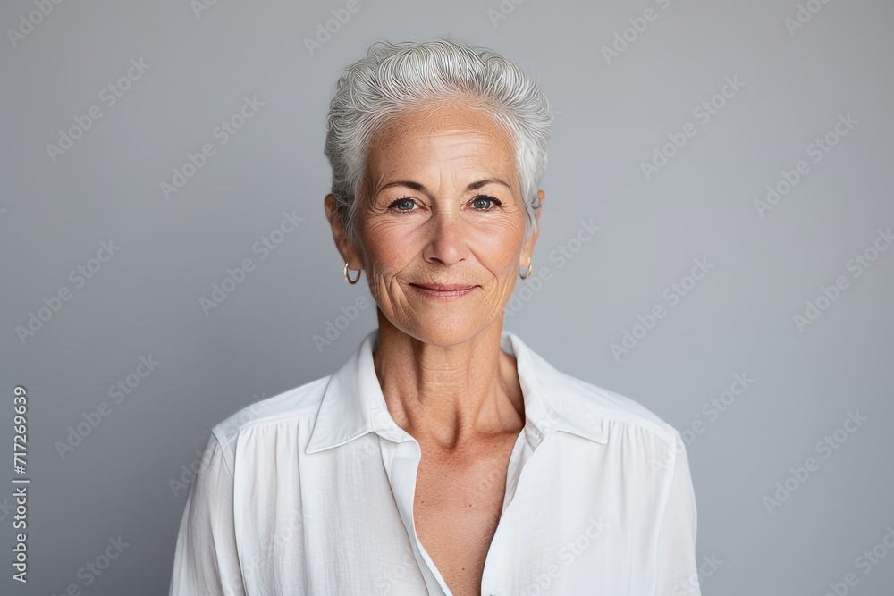 Portrait of smiling senior woman in white shirt against grey background. Portrait of smiling senior woman in white shirt against grey background.