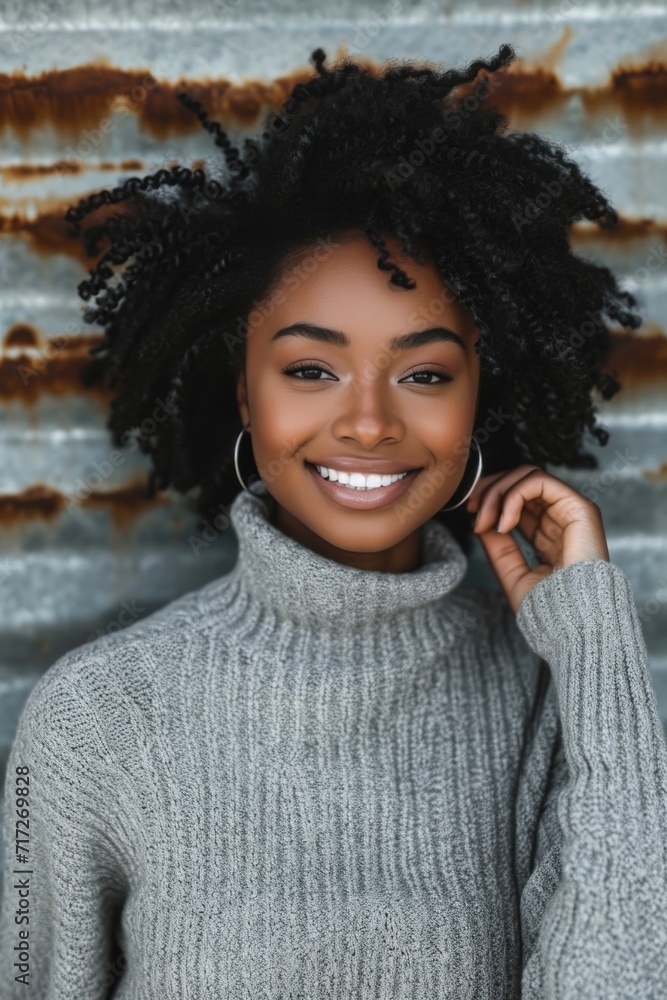 Candid Joy in Urban Setting: Heartwarming Portrait of Smiling Woman with Natural Coiled Hair, Grey Turtleneck, Against Corrugated Metal Wall, Soft Even Lighting Candid Joy in Urban Setting: Heartwarming Portrait of Smiling Woman with Natural Coiled Hair, Grey Turtleneck, Against Corrugated Metal Wall, Soft Even Lighting