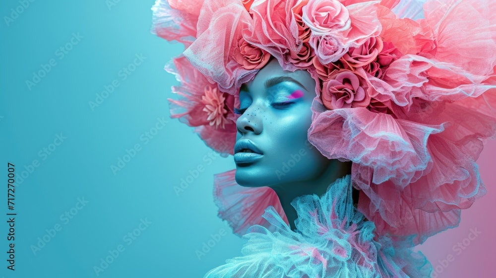 Avant-Garde Sculptural Hairstyle: Woman with Pastel Pink to Sky Blue Hair Transition, Matte Turquoise Skin, Vibrant Makeup, Serene Pose Against Magenta to Blue Gradient Backdrop