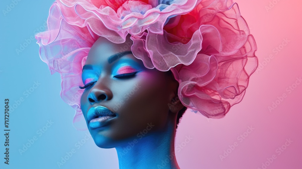 Avant-Garde Sculptural Hairstyle: Woman with Pastel Pink to Sky Blue Hair Transition, Matte Turquoise Skin, Vibrant Makeup, Serene Pose Against Magenta to Blue Gradient Backdrop