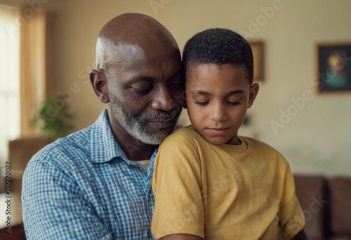 african american father and son tender emotional moment at home in the room © poco_bw