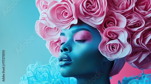 Avant-Garde Sculptural Hairstyle: Woman with Pastel Pink to Sky Blue Hair Transition, Matte Turquoise Skin, Vibrant Makeup, Serene Pose Against Magenta to Blue Gradient Backdrop © Ivy