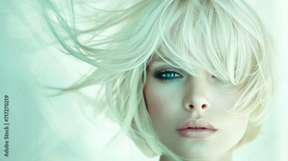 Soft and Ethereal Beauty Portrait: Woman with Dynamic Tousled Bob, Side-Swept Fringe Covering One Eye, Flawless Pale Skin, Gradient Light Background for Serene Atmosphere