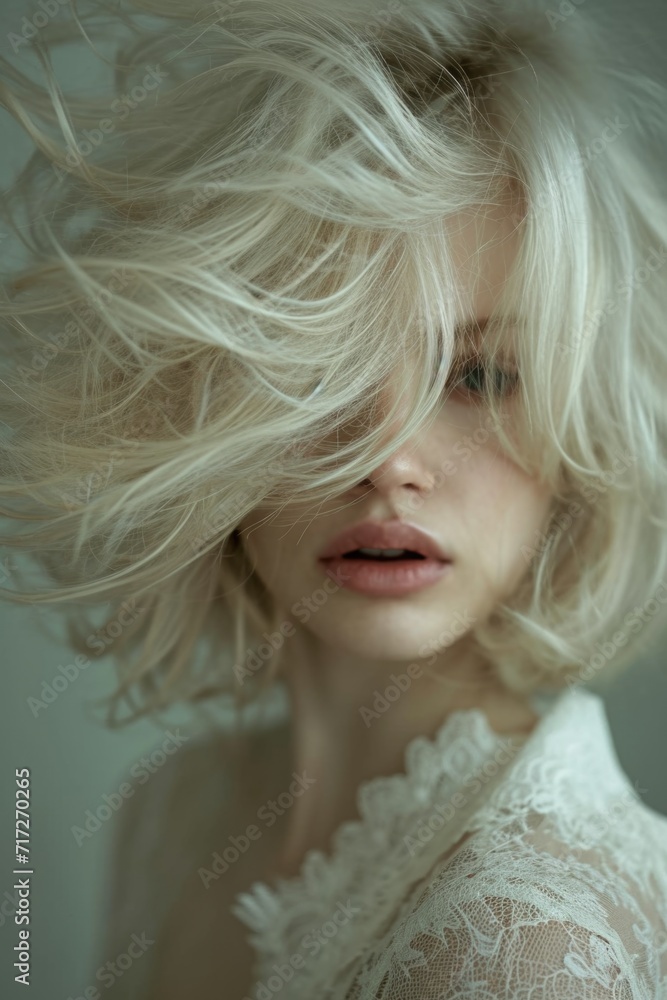 Soft and Ethereal Beauty Portrait: Woman with Dynamic Tousled Bob, Side-Swept Fringe Covering One Eye, Flawless Pale Skin, Gradient Light Background for Serene Atmosphere Soft and Ethereal Beauty Portrait: Woman with Dynamic Tousled Bob, Side-Swept Fringe Covering One Eye, Flawless Pale Skin, Gradient Light Background for Serene Atmosphere