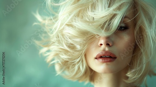 Soft and Ethereal Beauty Portrait: Woman with Dynamic Tousled Bob, Side-Swept Fringe Covering One Eye, Flawless Pale Skin, Gradient Light Background for Serene Atmosphere