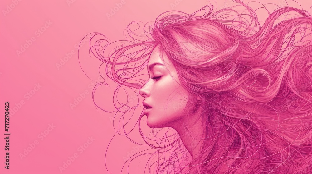 Dynamic Cotton Candy Pink Hair: Woman with Wind-Blown Flowing Mane, Minimal Attire, Pink Background Enhancing Motion and Softness of Hair Texture