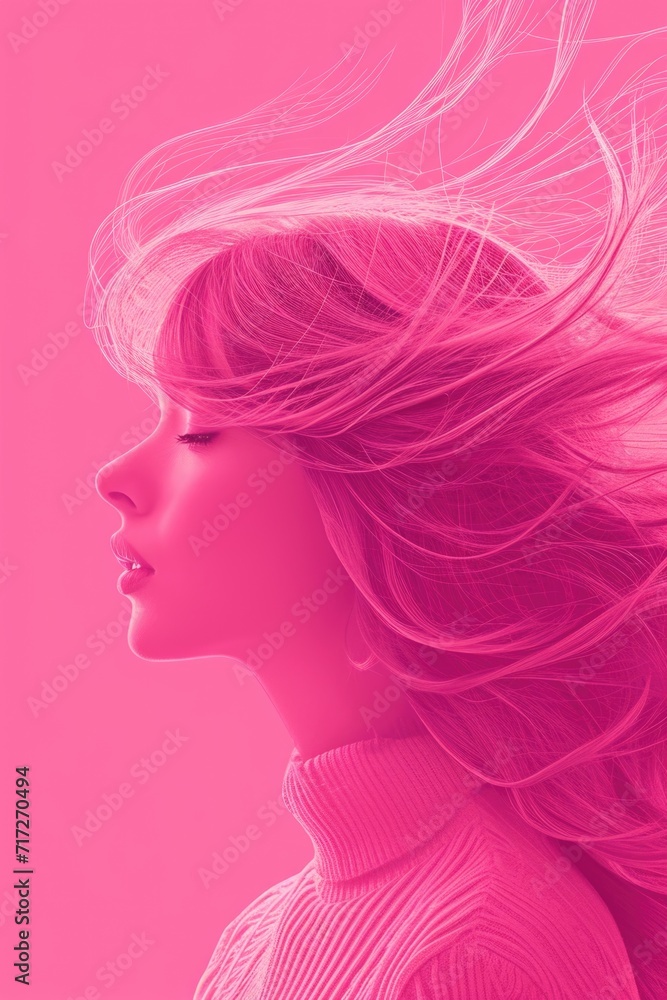 Dynamic Cotton Candy Pink Hair: Woman with Wind-Blown Flowing Mane, Minimal Attire, Pink Background Enhancing Motion and Softness of Hair Texture Dynamic Cotton Candy Pink Hair: Woman with Wind-Blown Flowing Mane, Minimal Attire, Pink Background Enhancing Motion and Softness of Hair Texture