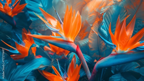 Exotic bird of paradise flowers in a dynamic mix of orange and blue hues generative ai © ThisDesign