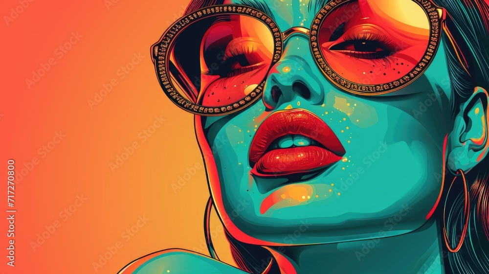 Vibrant Pop-Art Style Portrait: Woman with Sleek Side-Parted Hair, Dramatic Makeup, Studded Oversized Sunglasses, Glossy Red Lips, Bright Solid Background, High-Contrast Vibrant Pop-Art Style Portrait: Woman with Sleek Side-Parted Hair, Dramatic Makeup, Studded Oversized Sunglasses, Glossy Red Lips, Bright Solid Background, High-Contrast