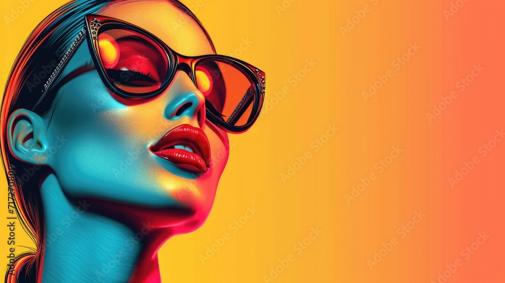 Vibrant Pop-Art Style Portrait: Woman with Sleek Side-Parted Hair, Dramatic Makeup, Studded Oversized Sunglasses, Glossy Red Lips, Bright Solid Background, High-Contrast Vibrant Pop-Art Style Portrait: Woman with Sleek Side-Parted Hair, Dramatic Makeup, Studded Oversized Sunglasses, Glossy Red Lips, Bright Solid Background, High-Contrast