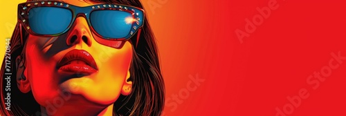 Vibrant Pop-Art Style Portrait: Woman with Sleek Side-Parted Hair, Dramatic Makeup, Studded Oversized Sunglasses, Glossy Red Lips, Bright Solid Background, High-Contrast