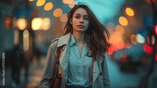 Candid Cinematic Street Scene: Woman in Urban Dusk Setting, Classic Trench Coat, Tailored Trousers, Leather Bag, Flowing Hair, Thoughtful Expression, Blurred City Lights