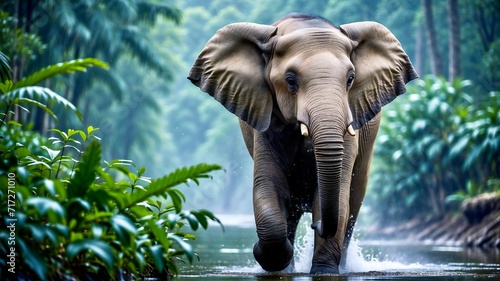A cute little elephant walks in the jungle