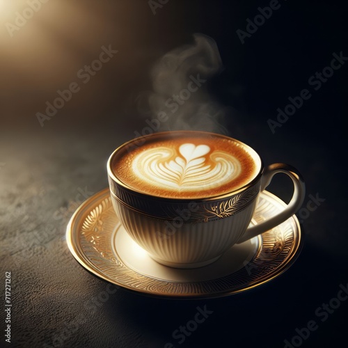 Steaming Cappuccino with Perfect Latte Art on Dark Background