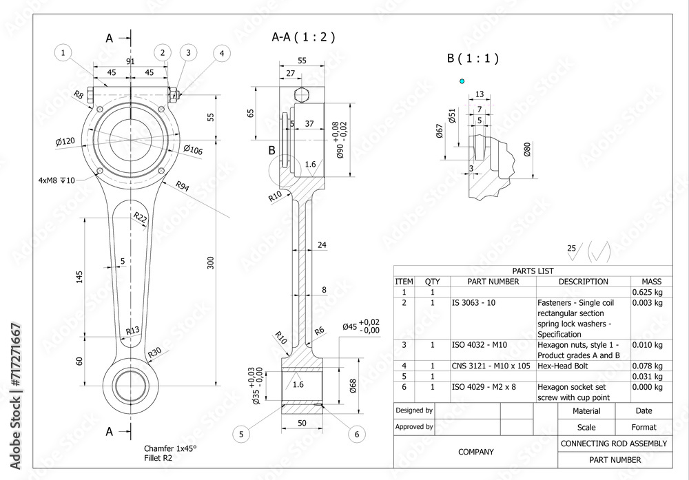 technical drawing of a connecting rod, also called a 'con rod', is the