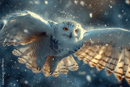 Arctic owl flying in snow storm. White owl flying in snowy winter.
