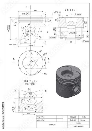 technical drawing of a piston ,a piston is a component of reciprocating engines.