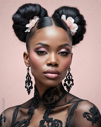 Baroque-inspired Portrait of Delicate Black Woman in Submissive Pose with Modern Touch Gen AI photo