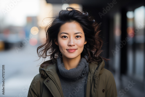 Portrait of an Asian woman in her 30's dressed casually, smiling and looking at the camera in the city. Generative AI © Lucas