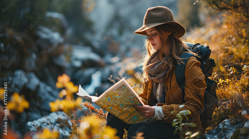 A young woman in a hat and a backpack is sitting on a rock and looking at a map. The concept of active tourism