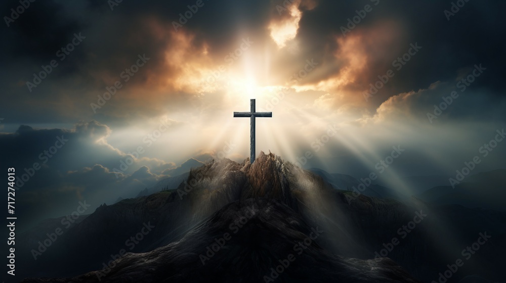 Cross on the top of the mountain with rays of light in the sky - obrazy, fototapety, plakaty 