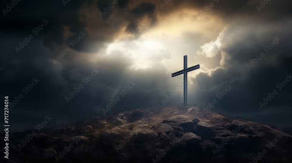 Cross of Jesus Christ in the sky with clouds. 3d render