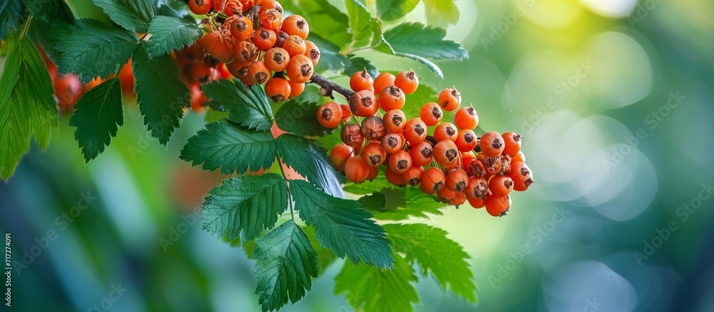 Latin name Sorbus aucuparia refers to a branch of mountain ash with fresh foliage.