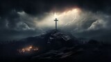 Cross on the rock in stormy sky. 3D rendering.