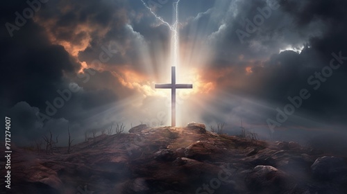 Cross in the sky with rays of light. 3d illustration.