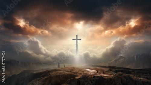 Cross of Jesus Christ in the middle of a desert landscape with clouds