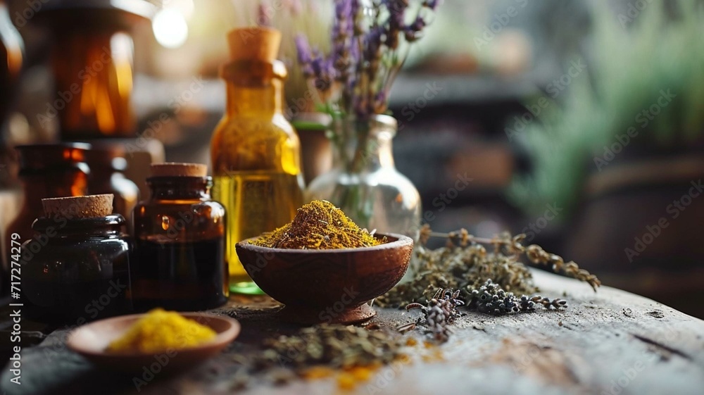 oil and herbs on a table