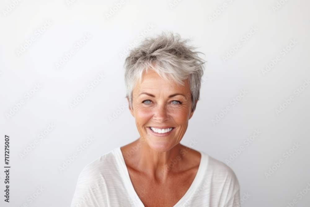 Portrait of smiling senior woman with short grey hair against white background Portrait of smiling senior woman with short grey hair against white background